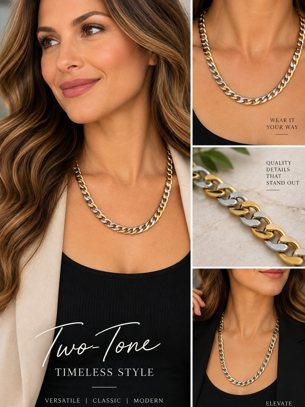 Two-Tone Gold and Silver Chain Necklace - Women Jewelry